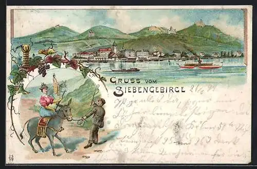 Lithographie Königswinter, Panorama mit Booten, Frau auf einem Esel