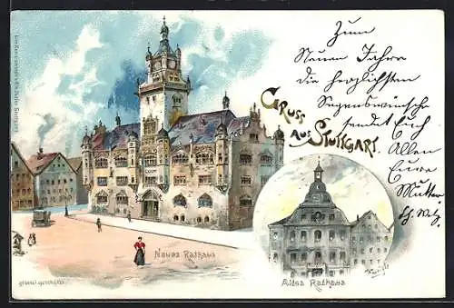 Künstler-AK Stuttgart, Neues Rathaus, Altes Rathaus um 1900