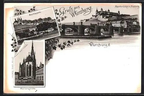 Lithographie Würzburg, Mainbrücke und Festung, Marienkirche, Bad Käppele