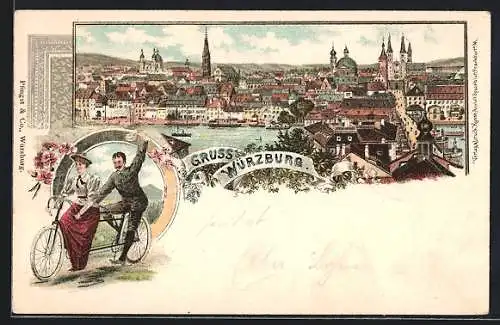 Lithographie Würzburg, Paar auf 2-Peronen-Tandem Fahrrad, Panorama