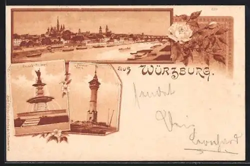 Lithographie Würzburg, Kilian`s Brunnen, Frankenwarte, Totalansicht