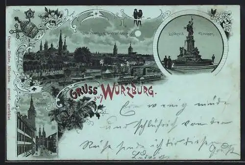 Mondschein-Lithographie Würzburg, Luitpold Brunnen, Blick von der Luitpoldbrücke, Domstrasse