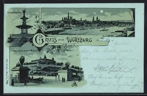 Mondschein-Lithographie Würzburg, Kilians-Brunnen, Festung m. d. neuen Brücke