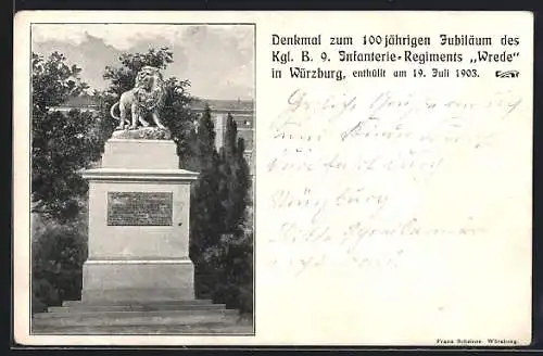 AK Würzburg, Denkmal zum 100-jährigen Jubiläum des Kgl. B. 9. Infanterie-Regiments Wrede