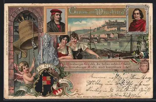 Lithographie Würzburg, Portraits Riemenschneider u. Tiepolo, St.Kilian, Engel läutet Glocken, Wappen