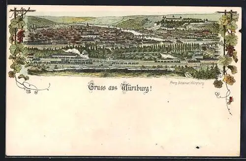 Lithographie Würzburg, Stadtansicht mit Bahngleisen