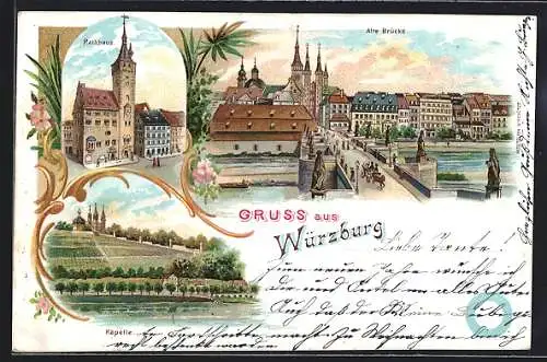 Lithographie Würzburg, Rathaus, Käpelle, Alte Brücke, florale Ornamente