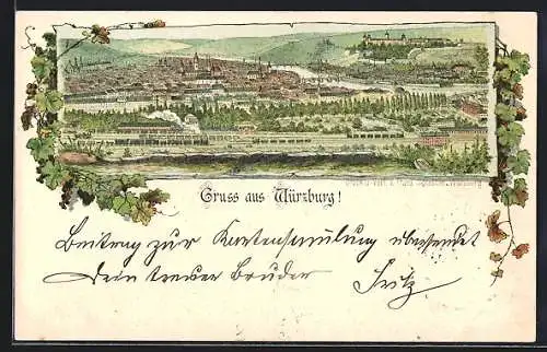 Lithographie Würzburg, Blick über die Stadt