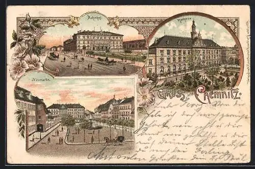 Lithographie Chemnitz, Bahnhof, Neumarkt und Rathaus