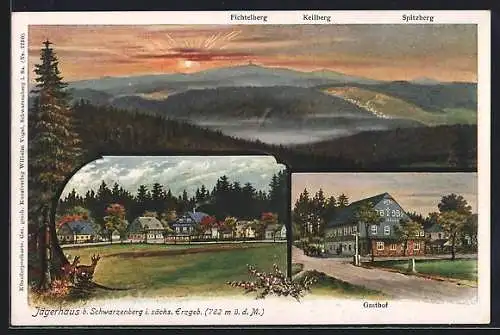 Künstler-AK Schwarzenberg / Erzgebirge, Bergpanorama, Gasthof Jägerhaus, Fichtelberg, Keilberg, Spitzberg