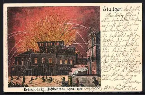 AK Stuttgart, Feuerwehrmänner löschen den Brand des kgl. Hoftheaters 1902