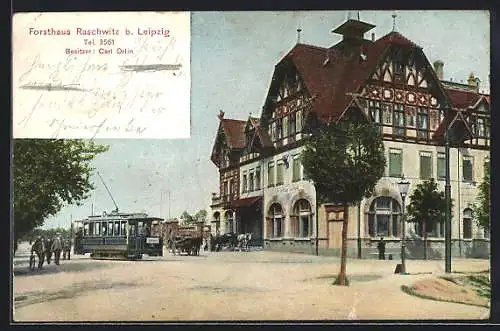 AK Leipzig, Forsthaus Raschwitz, Strassenbahn