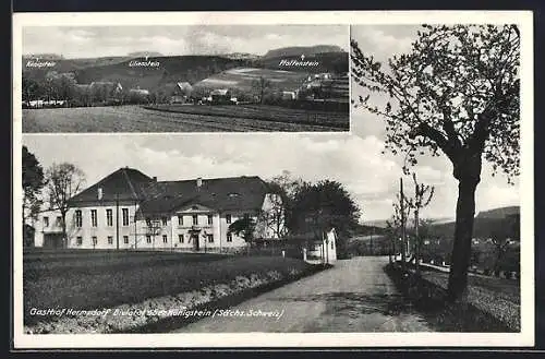 AK Hermsdorf /Bielatal, Gasthof, Inh. Gustav Deliga, Lilienstein und Pfaffenstein