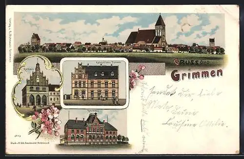 Lithographie Grimmen, Kreishaus, Rathaus, Kaiserliches Postamt