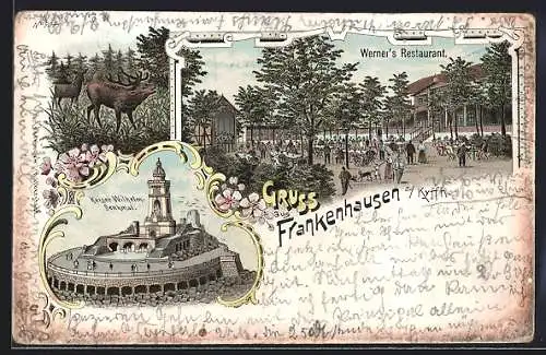 Lithographie Bad Frankenhausen, Werner`s Restaurant & Kaiser Wilhelm Denkmal