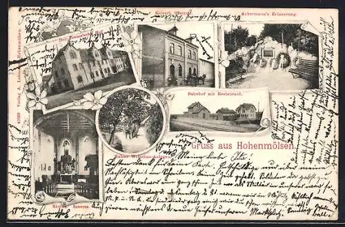 AK Hohenmölsen, Bahnhof mit Restaurant, Hotel Preussischer Hof, Kirche Inneres