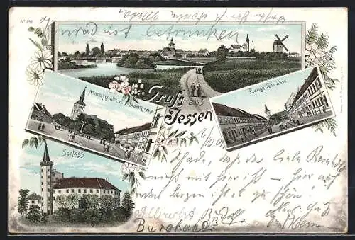 Lithographie Jessen / Elster, Lange Strasse, Schloss, Panorama mit Windmühle