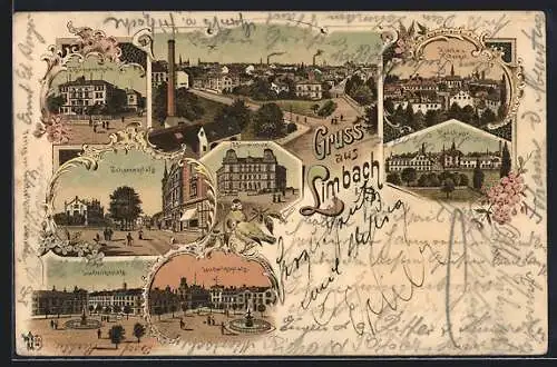 Lithographie Limbach / Oberfrohna, Bürgerschule, Kirche und Rittergut, Johannesplatz