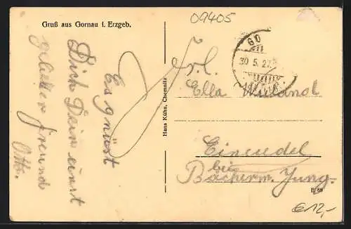 AK Gornau i. Erzgeb., Gasthof Gornau, Schule, Kriegerdenkmal