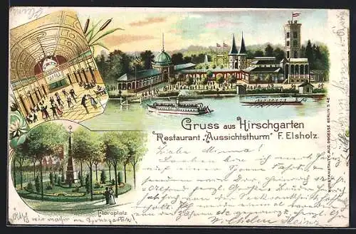 Lithographie Berlin-Kreuzberg, Hirschgarten, Restaurant Aussichtsturm, Innenansicht, Floraplatz mit Denkmal