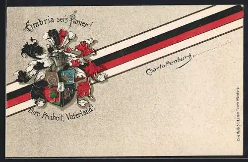 Künstler-AK Berlin-Charlottenburg, Cimbria sei`s Panier!, Ritterhelm und Studentenwappen