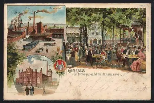 Lithographie Berlin-Kreuzberg, Gasthaus F. Happoldt`s Brauerei, Garten, Lager-Keller