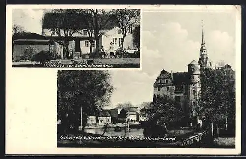 AK Schönfeld bei Dresden, Gasthaus zur Schmiedeschänke P. Bretschneider, Ortspartie mit Brücke, Turmgebäude und Kirche