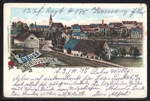 Lithographie Königsbrück, Teilansicht mit Kirche und Strassenpartie