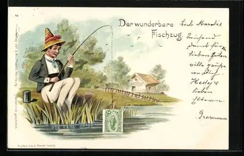 Künstler-AK Angler fischt eine Briefmarke