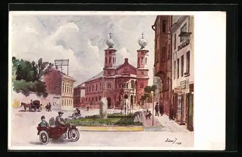 Künstler-AK Székesfehérvár, Synagoge, Seitenwagen-Motorrad