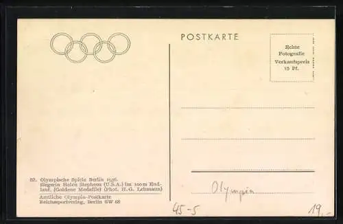 AK Berlin, Olympische Spiele 1936, Siegerin Helen Stephens (USA) im 100 m Endlauf