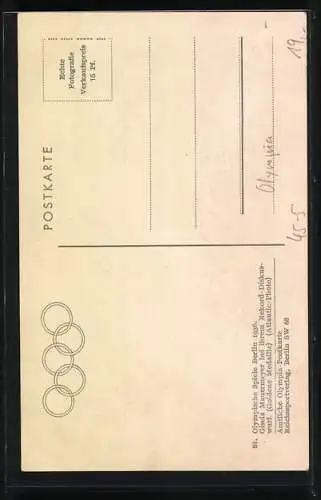 AK Berlin, Olympiade 1936, Gisela Mauermeyer bei ihrem Rekord-Diskuswurf