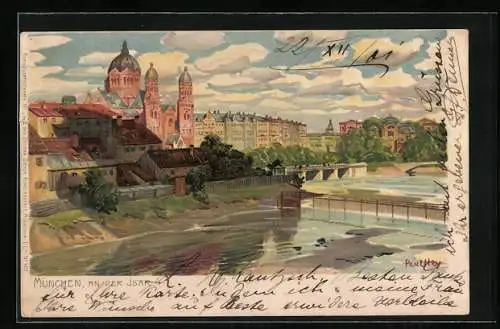 Künstler-Lithographie Paul Hey: Münchn, An der Isar
