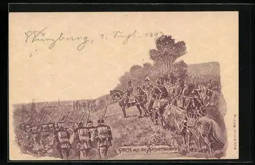 Künstler-AK Kaisermanöver, Wilhelm II. nimmt eine Parade ab, Ganzsache Bayern 5 Pfennig