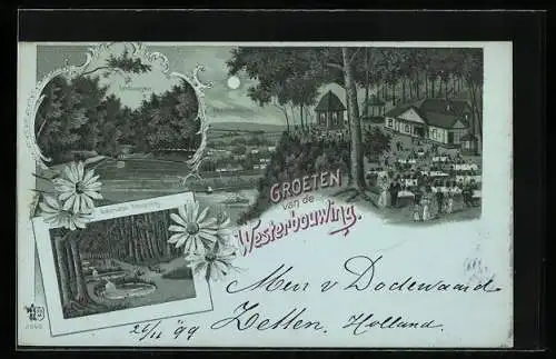 Mondschein-Lithographie Renkum, Westerbouwing, Gasthaus im Wald, Watervallen Oorsprong