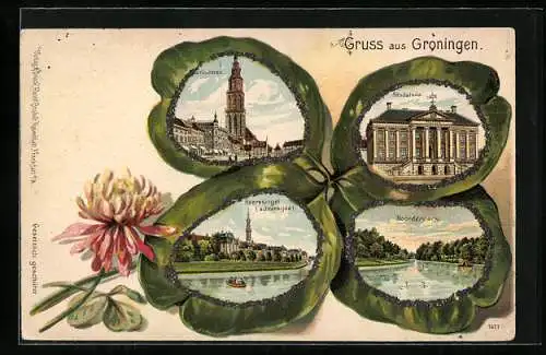 Lithographie Groningen, Passepartout Kleeblatt mit Abbildungen, Stadshuis, Heeresingel, Noorderpark