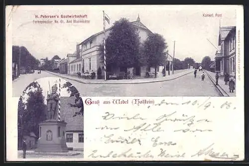 AK Wedel /Holstein, Gasthaus H. Petersen, Kaiserliche Post, Denkmal