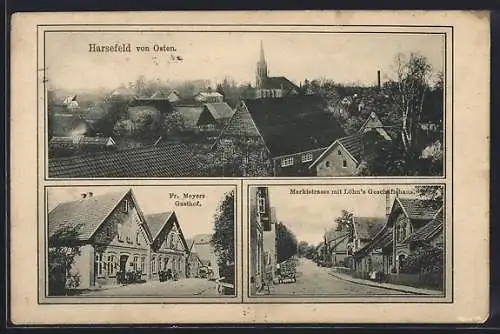 AK Harsefeld, Fr. Meyers Gasthof, Marktstrasse mit Löhn`s Geschäftshaus, Ortspartie mit Kirche von Osten