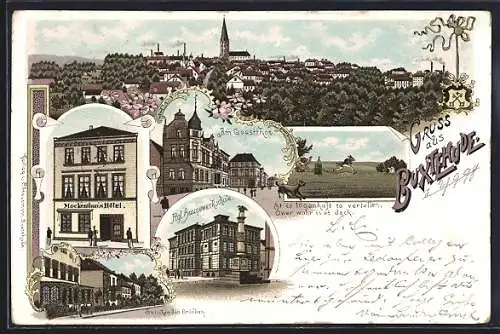 Lithographie Buxtehude, Mackenthuns`s Hotel, Kgl. Baugerwerkschule