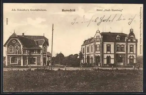 AK Harsefeld, Hotel Stadt Hamburg und Geschäftshaus von Joh. Schreiber