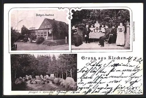 AK Klecken, Gasthaus Böttger, Garten, Hünengrab im Kleckerwald