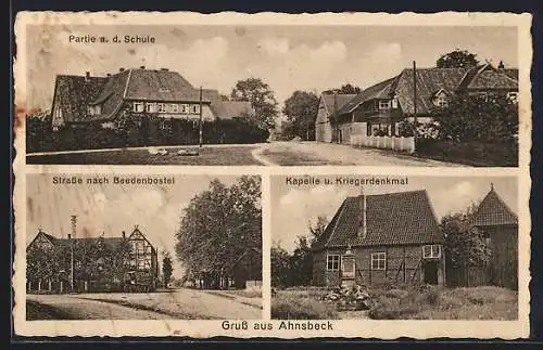 AK Ahnsbeck, Kapelle und Kriegerdenkmal, Schule, Strasse nach Beedenbostel