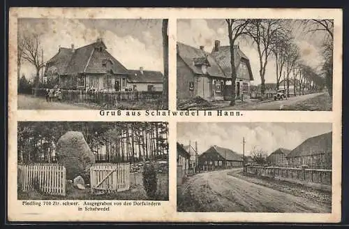 AK Schafwedel in Hann., Bauernhaus, Findling, Strassenpartie