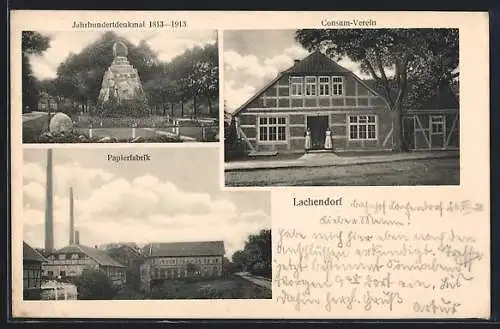 AK Lachendorf, Papierfabrik, Consum-Verein, Jahrhundertdenkmal 1813-1913