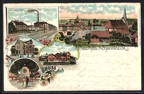 Lithographie Osterholz-Scharmbeck, Bahnhofs-Hotel, Bahnhof, Krieger-Denkmal