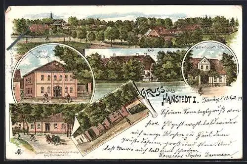 Lithographie Hanstedt / Hamburg, Gasthaus Wille, Mühle, Gasthof Fr. Meyer, Bäckerei Bräuel