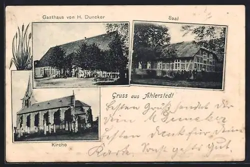 AK Ahlerstedt, Gasthaus von H. Duncker, Kirche und Saal