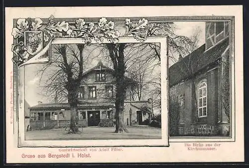 AK Hamburg-Bergstedt, Gasthaus von Adolf Filter, Birke aus der Kirchenmauer