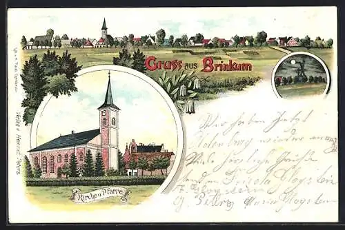 Lithographie Brinkum / Ostfriesl., Kirche u. Pfarre, Mühle