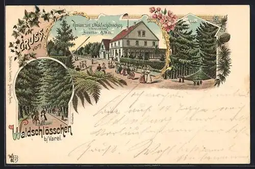 Lithographie Varel / Oldenburg, Restaurant z. Waldschlösschen, Waldpartie